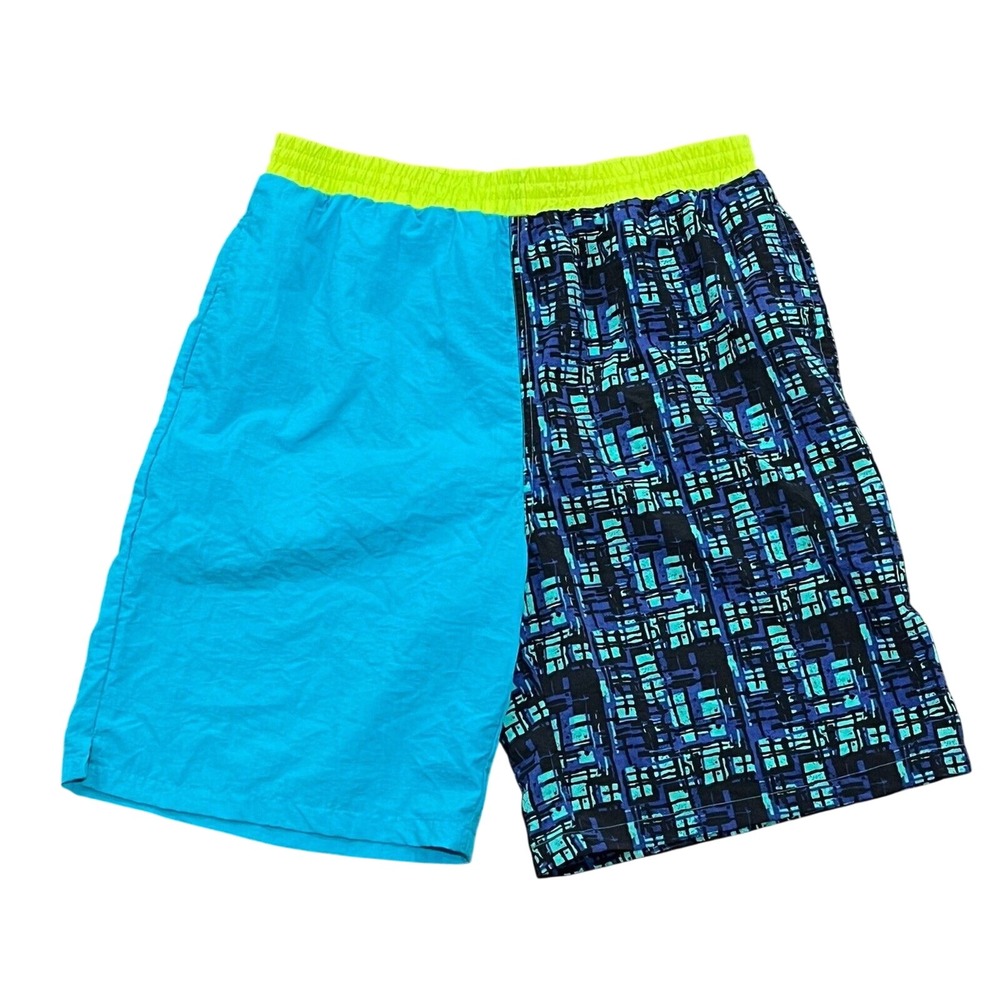 Vintage MTO Surf Trunks Men's Large Blue 90s Nylon Mesh Liner Colorful Neon